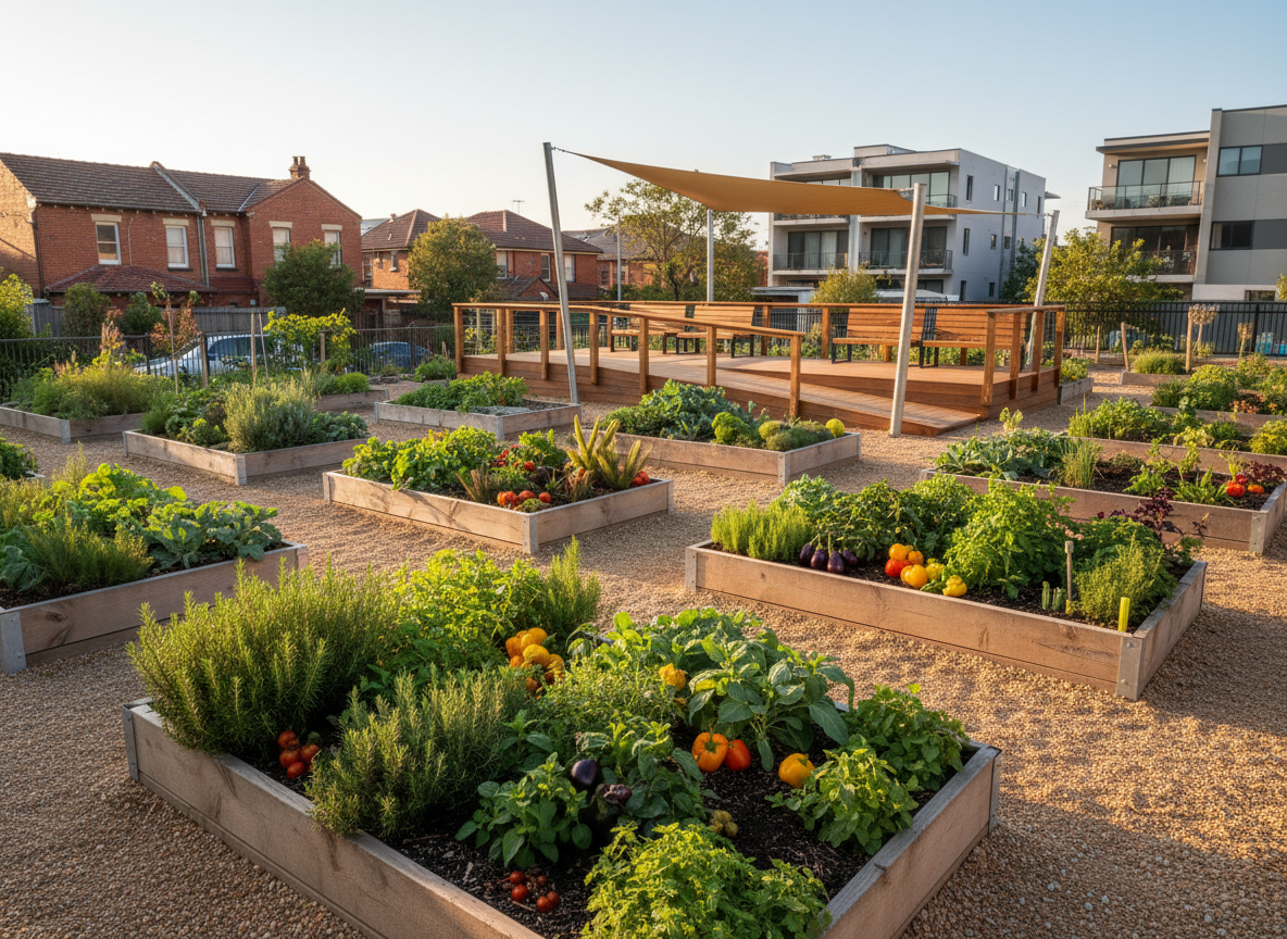 An outdoor community garden space in Newcastle presented in photographic realism, with raised timber garden beds overflowing with herbs, native plants, and vibrant seasonal vegetables. Wide, accessible gravel paths weave between the beds, and a smooth ramp leads up to a low deck with sturdy benches and a shade sail. In the background, a mix of brick homes and modern low‑rise buildings hints at a suburban neighborhood. Late afternoon golden light illuminates leaves and wooden textures, casting soft, elongated shadows that create depth. The camera is positioned at a low, eye‑level angle along one of the paths, drawing the viewer into the scene. The mood is calm, inclusive, and hopeful, emphasizing health, volunteering, and social wellbeing through a welcoming shared space with no people present.
