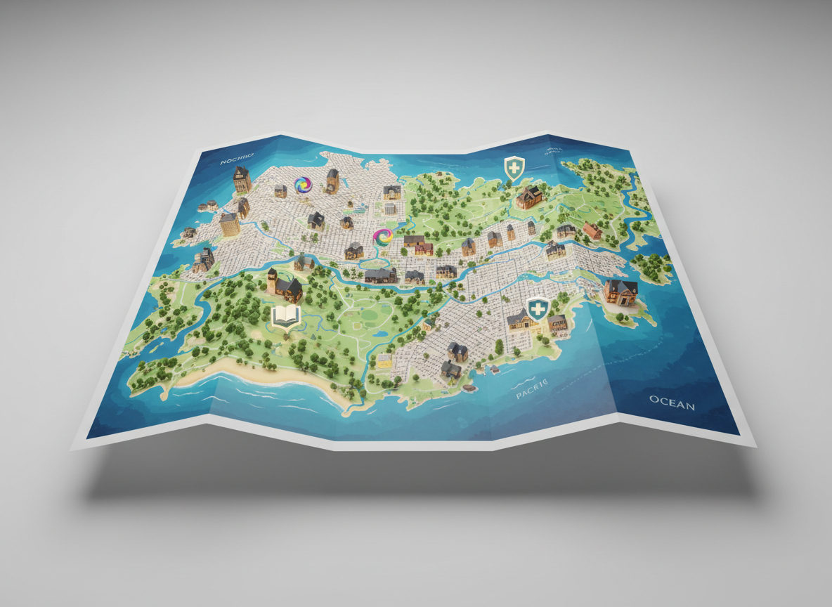 A large, intricately detailed illustrated map of Newcastle and the Hunter Region rendered in photographic realism, with stylized but realistic buildings, parks, beaches, and rivers clearly visible. Community hubs, cultural centers, schools, and health facilities are represented by small, three‑dimensional icon-like structures rather than text or logos. The setting is a clean, light grey studio background so the map appears to float, lit by soft, even overhead lighting that removes harsh shadows and highlights fine textures. Shot from a straight, top‑down bird’s‑eye view with sharp focus across the entire frame, the mood is professional and optimistic. The composition feels organized and inviting, suggesting wide regional reach and strong community connections without showing any people.