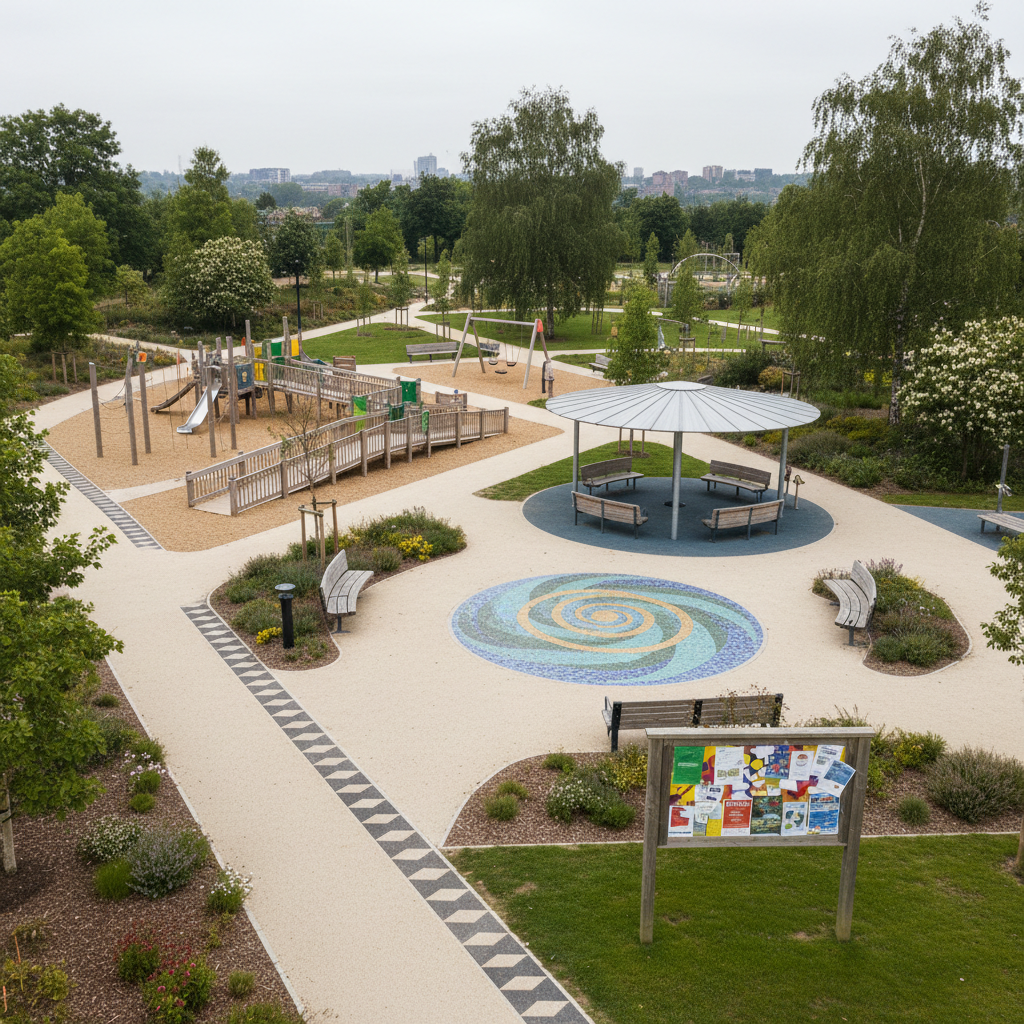 An inclusive public park scene in Newcastle shown in photographic realism, designed to emphasize accessibility and community connection without including people. The park features smooth, winding pathways, tactile paving, an accessible playground with ramps, and a shaded seating area with benches surrounding a circular mosaic artwork in the pavement. Native trees and flowering shrubs provide greenery, while a nearby community noticeboard is filled with colorful, unreadable shapes instead of text. Soft overcast daylight evenly illuminates the space, minimizing harsh shadows and creating a gentle, calm feeling. Shot from a slightly elevated angle to reveal the park’s layout, the composition highlights the thoughtful design and welcoming environment, suggesting social wellbeing and inclusivity as core values of the community trust.