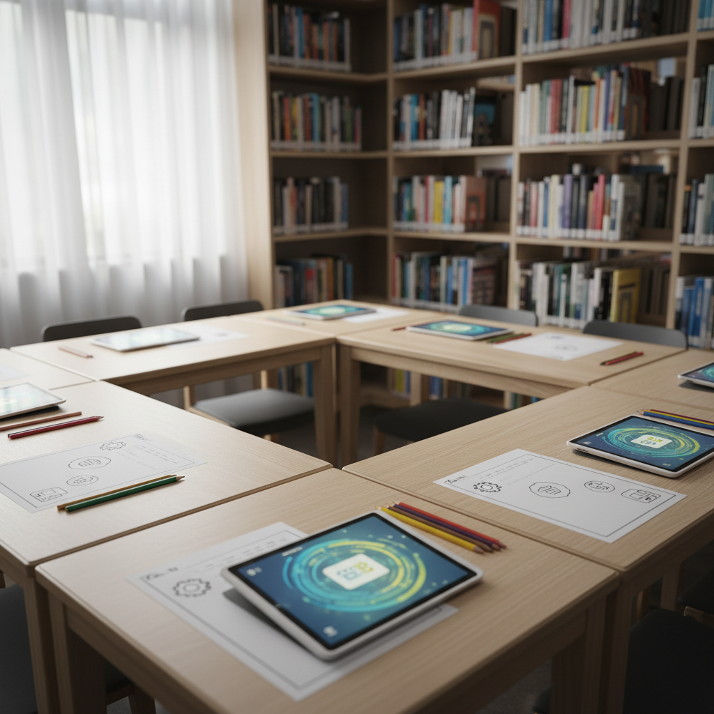 An educational workshop setup in a quiet library corner captured in photographic realism, with a cluster of tables arranged in a loose U‑shape. Each table has blank worksheets with icon‑like illustrations, sets of colored pencils, and tablet devices displaying abstract, text‑free interfaces. Floor‑to‑ceiling bookshelves packed with diverse book spines form a rich, textured backdrop, while a large window to one side lets in soft, filtered daylight through sheer curtains. The lighting creates delicate highlights on tablet screens and table edges while keeping the background gently subdued. Shot from a diagonal, eye‑level perspective with moderate depth of field, the mood is focused yet welcoming, representing education, lifelong learning, and community programs in a professional, non‑distracting way without showing any participants.