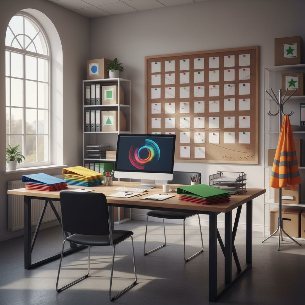 A bright, welcoming volunteer coordination office rendered in photographic realism, with a large central desk neatly arranged with color‑coded folders, clipboards, and a computer monitor displaying abstract shapes instead of legible text. A wall‑mounted corkboard behind the desk is filled with multicolored pins and blank notes, suggesting organized scheduling and community projects. Shelves hold boxes labeled only with colored icons, and a coat rack with high‑visibility vests hints at hands‑on activities. Soft midday light streams through a tall window, creating gentle highlights on the desk surface and subtle shadows under the furniture. Captured at an eye‑level angle with balanced composition and moderate depth of field, the atmosphere feels efficient, approachable, and professional, ideal to represent the nonprofit’s structured approach to volunteering.