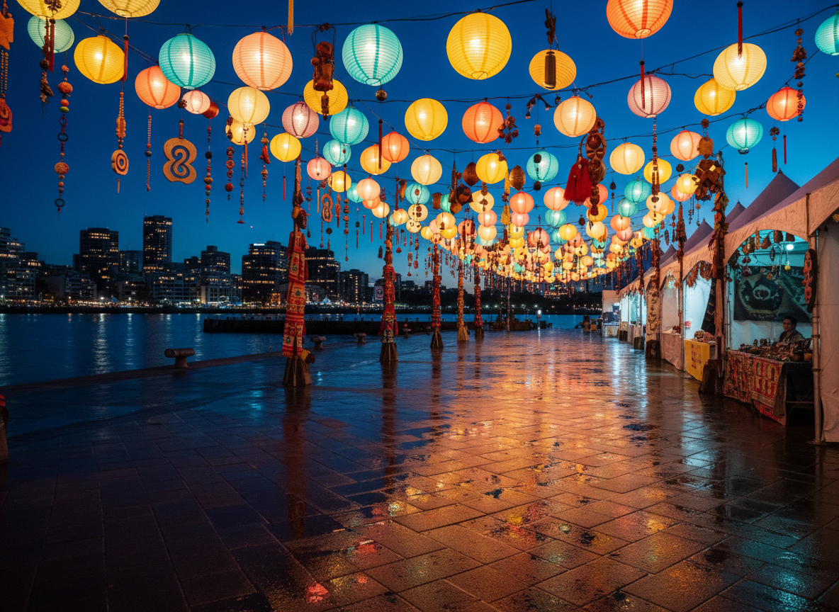 A night-time community cultural festival scene at Newcastle Foreshore, captured in photographic realism but without any people visible. Dozens of small, colorful lanterns and string lights are suspended above an open paved area, reflecting gently on the ground and nearby water. Empty pop‑up stalls and food stands display diverse decorative items, patterned fabrics, and symbolic objects from various cultures rather than text signs. The distant silhouettes of city buildings and the dark outline of the harbor frame the scene. Warm, ambient artificial lighting mingles with the deep blue evening sky, creating a vibrant yet professional mood. Shot from a slightly low, wide‑angle perspective, the composition leads the eye through the lantern canopy toward the waterfront, suggesting celebration, unity, and diversity without directly depicting people.