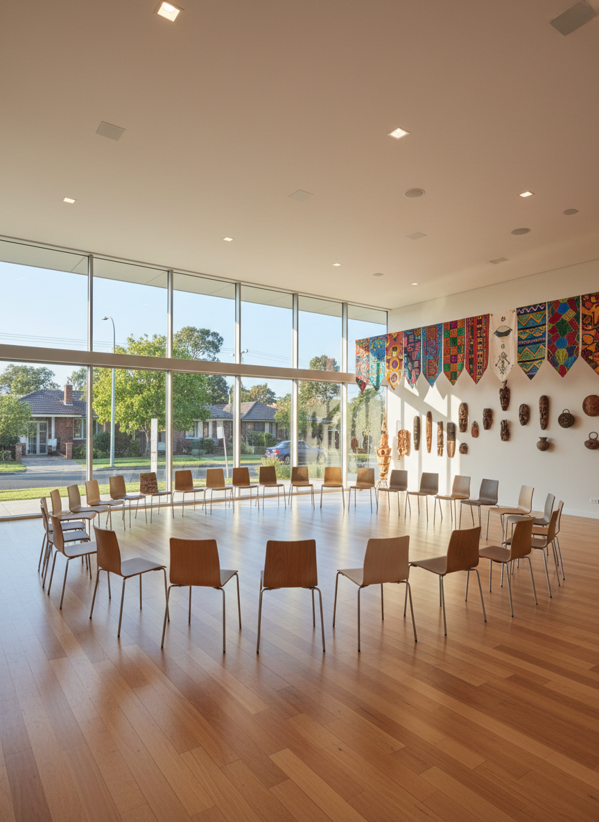 A modern community hall interior captured in photographic realism, featuring smooth timber flooring, neutral off‑white walls, and large floor‑to‑ceiling windows looking out to leafy suburban streets in Newcastle. Colorful cultural artifacts and patterned fabric banners from various regions hang along one wall, while a semi‑circle of empty but slightly varied chairs suggests an upcoming gathering. Afternoon natural light pours through the windows, creating long, gentle shadows and a warm glow across the room. The atmosphere is welcoming and inclusive while remaining professional and uncluttered. Framed at eye level with a wide‑angle lens, the image shows the full breadth of the hall, with crisp detail throughout and a balanced, clean composition ideal for a nonprofit’s main landing page hero image.