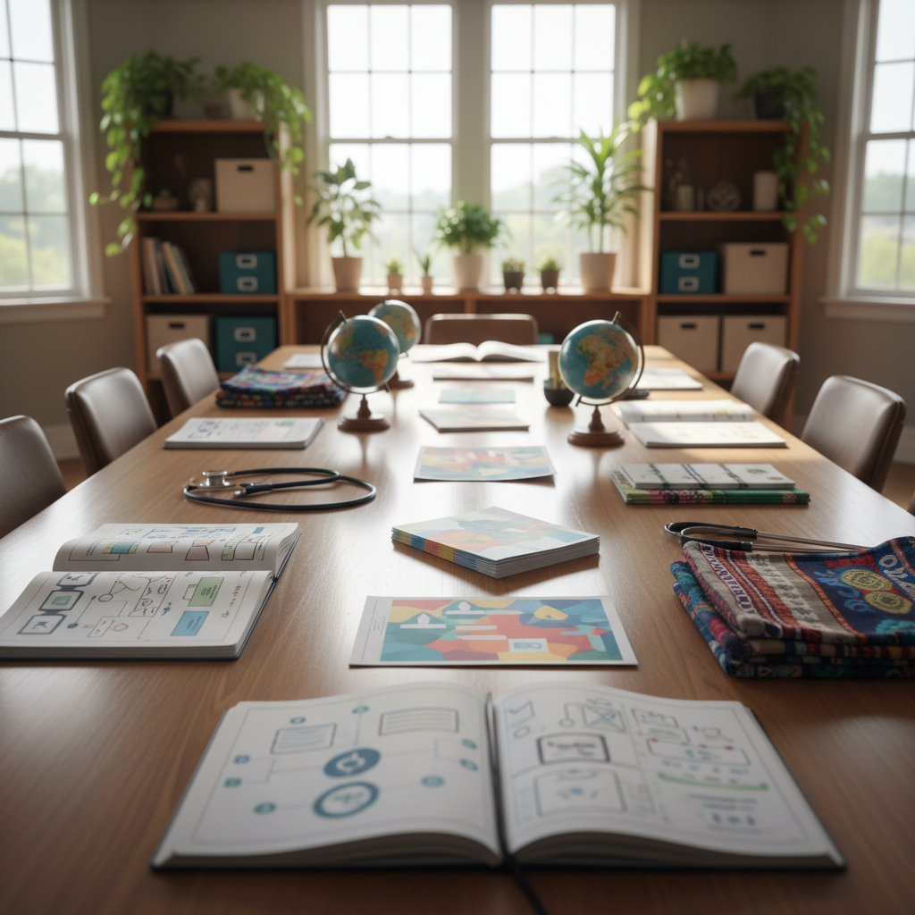 A long, polished wooden table in a bright community meeting room, covered with neatly arranged materials symbolizing health, education, and cultural understanding in photographic realism. There are open notebooks with diagrams instead of text, colorful illustrated brochures without words, small globes, stethoscope props, and artfully patterned textiles in diverse styles folded at one end. Large windows along the side wall fill the space with diffused morning light, creating soft reflections on the tabletop and subtle vignetting in the corners. The background shows shelving with organized boxes and plants, slightly out of focus to keep attention on the table. Shot from a slightly elevated angle using shallow depth of field, the mood is organized, purposeful, and collaborative, representing planning of community programs without depicting any people.
